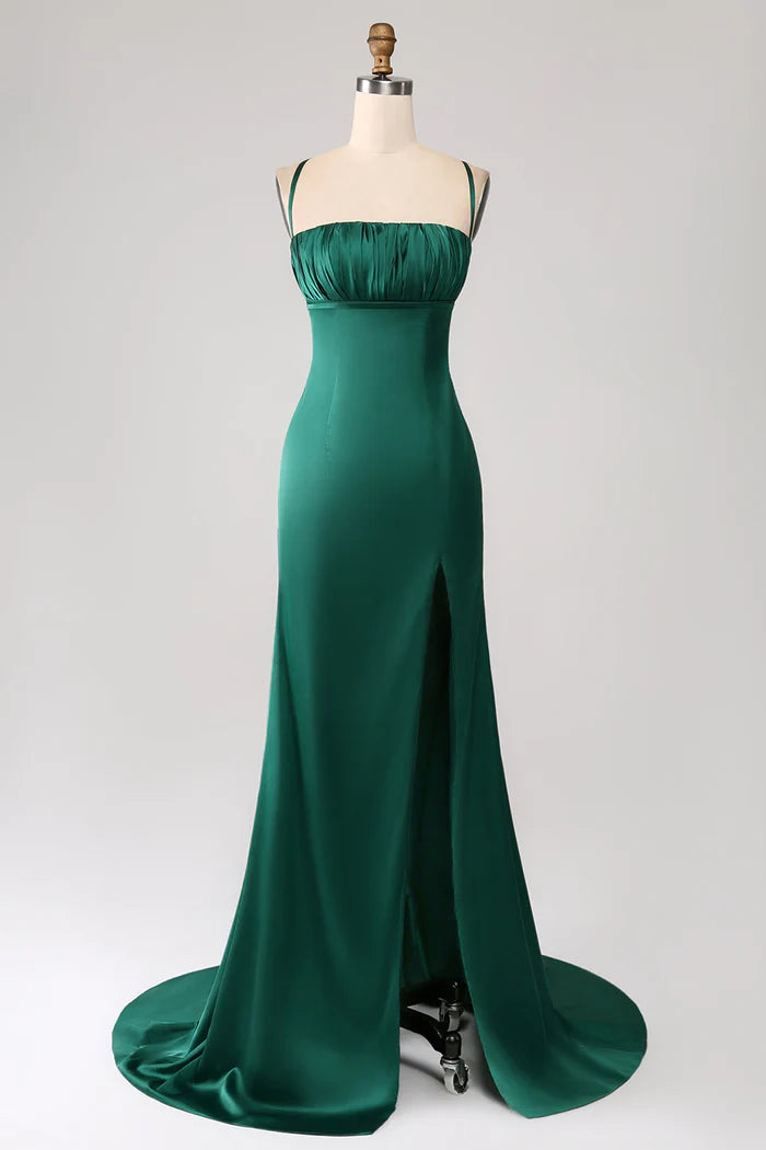 Weitese Dress Dark Green Mermaid Spaghetti Straps Satin Party Dress Maxi Dress With Pleated Prom Dress